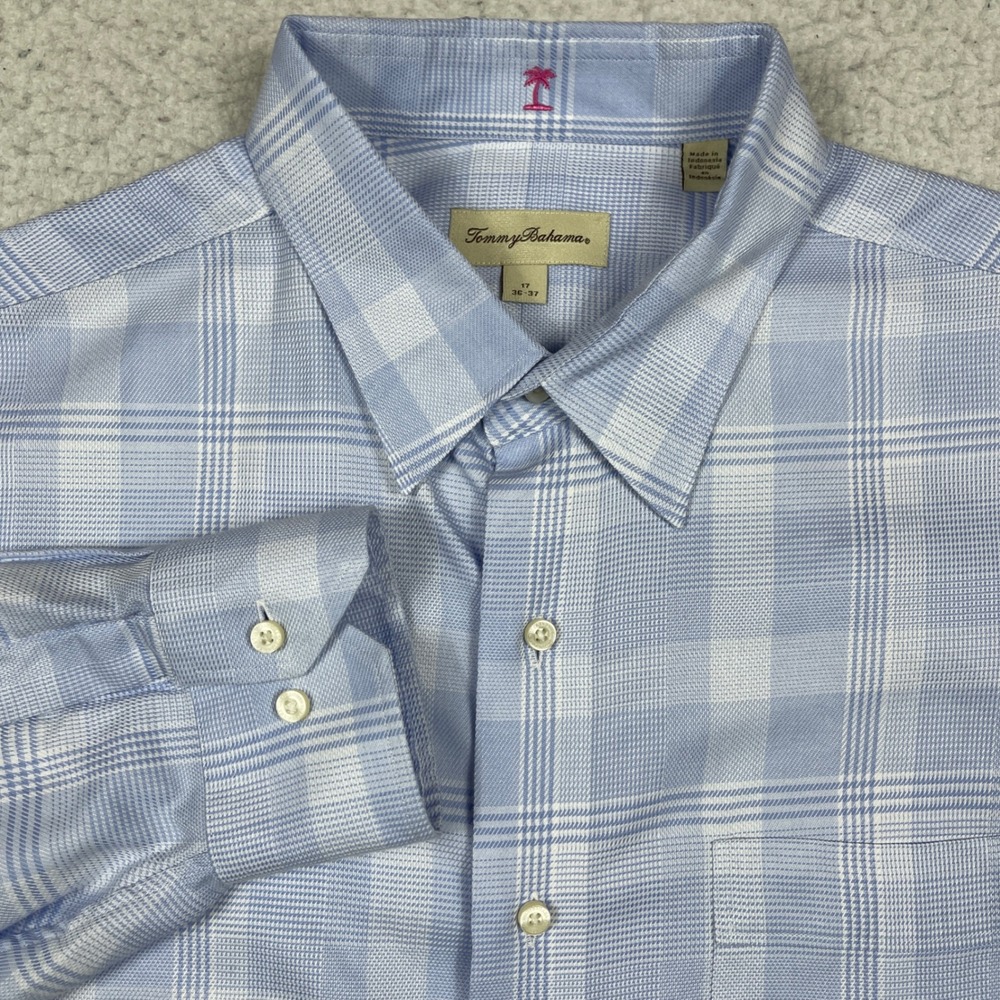 Tommy Bahama Button Down Mens 17 36-37 Blue Plaid Coastal Beachy Island Preppy